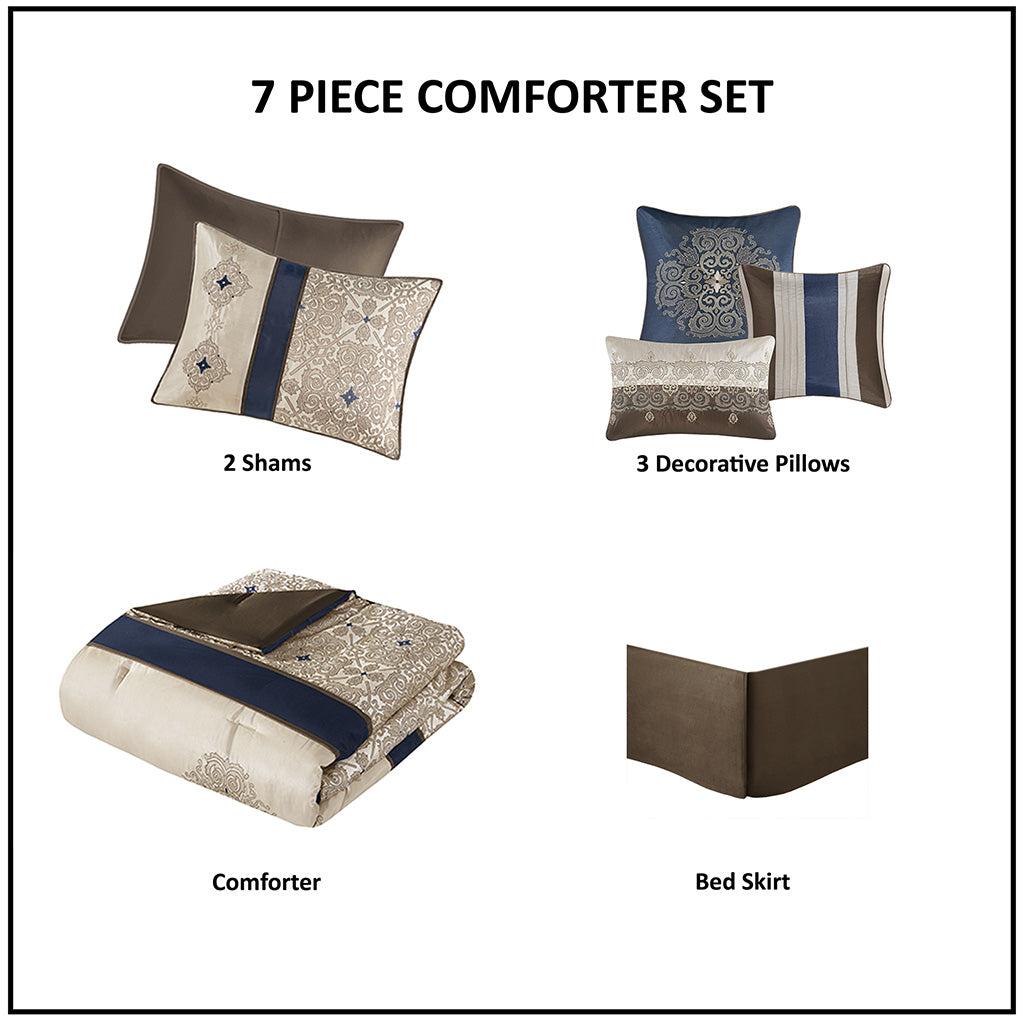Queen 7 Piece Jacquard Comforter Set with Throw Pillows