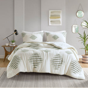 Full/Queen Cotton Blend Chenille Comforter Set with Tufted Design - White