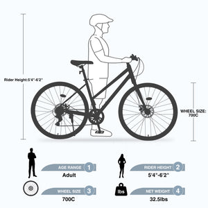 7 Speed Hybrid Bike Disc Brake 700C Road Bike for Men & Women