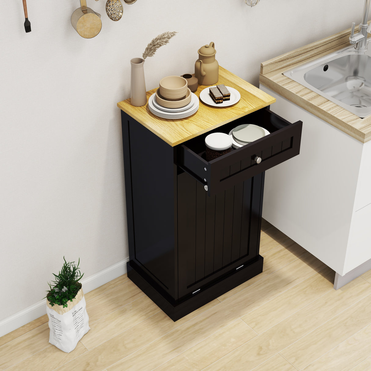 Tilt-Out Trash Cabinet with One Drawer in Black