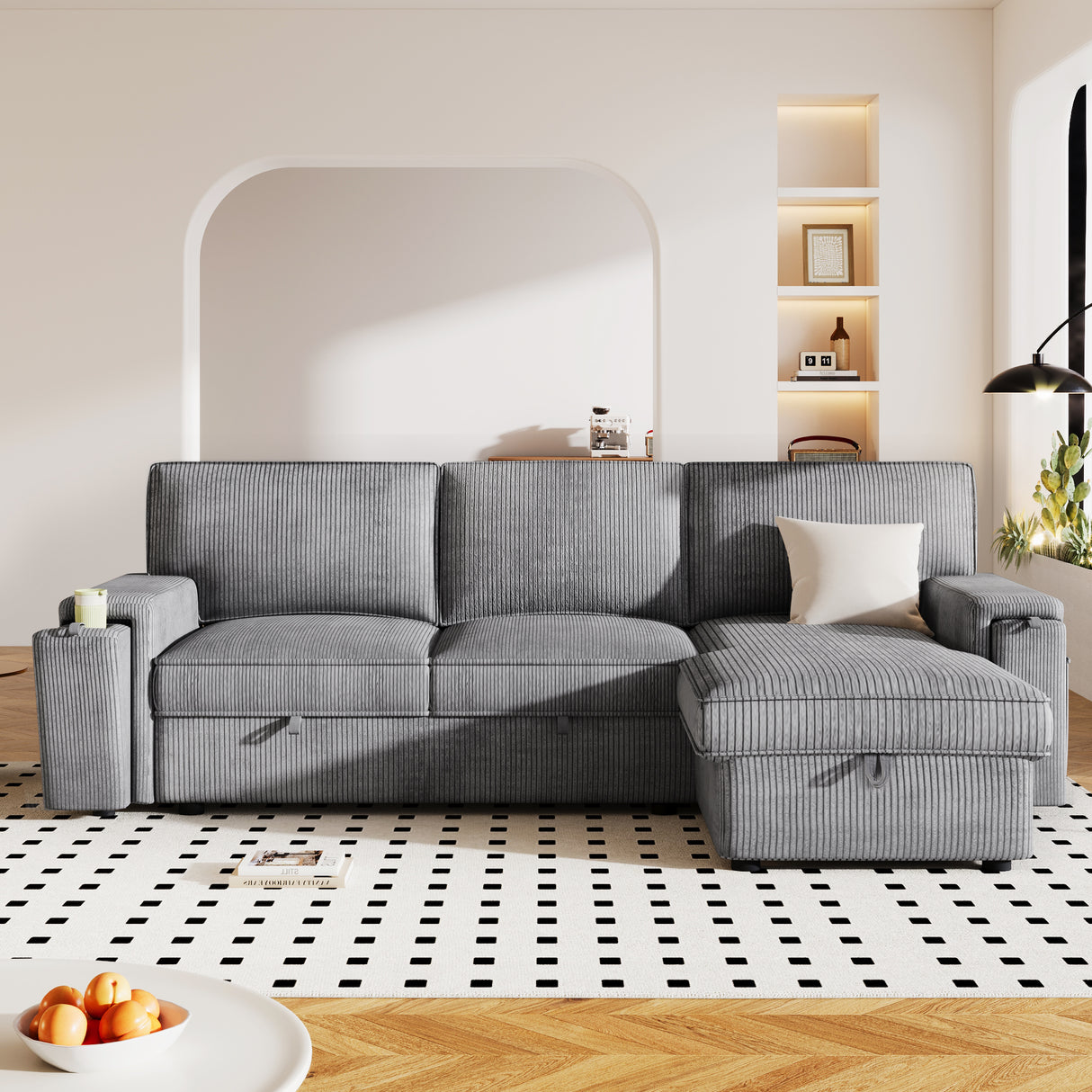 U_STYLE Upholstery Sleeper Sectional Sofa with Storage Bags