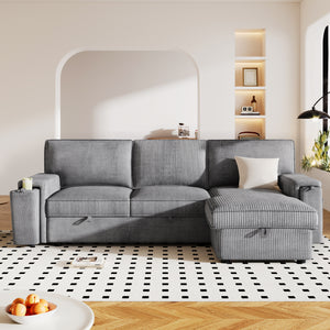 U_STYLE Upholstery Sleeper Sectional Sofa with Storage Bags