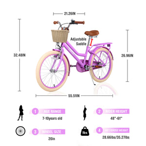 Girls Bike with Basket for Ages 7-10 Years - 20 Inch Wheels