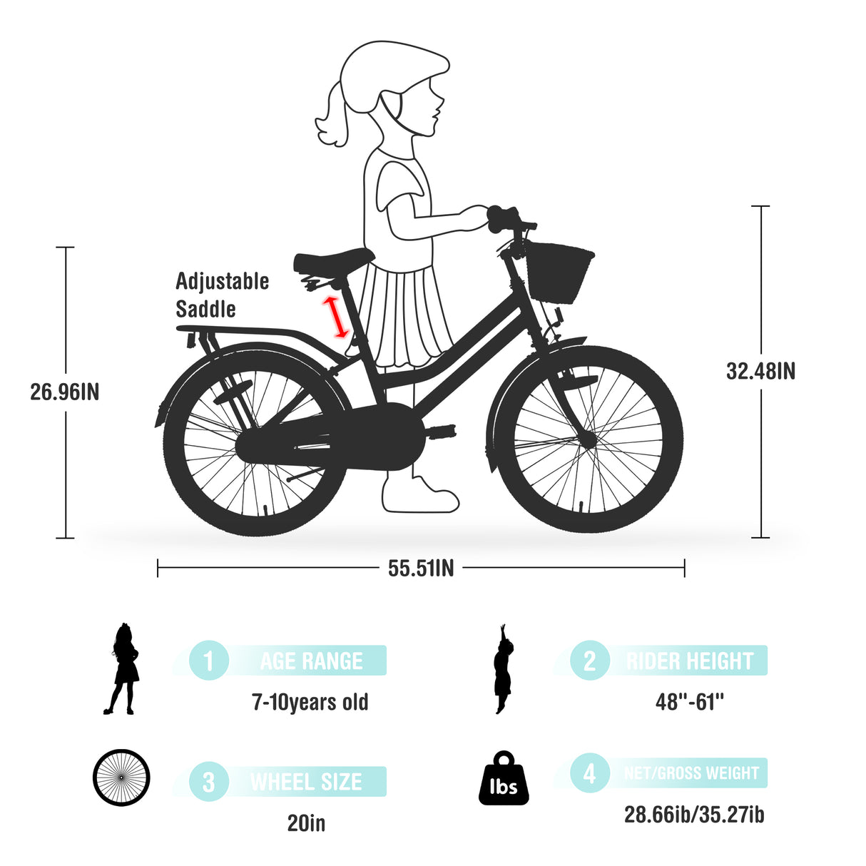 Girls Bike with Basket for 7-10 Years Old Kids - 20 Inch Wheel