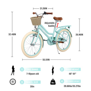 Girls Bike with Basket for 7-10 Years Old Kids - 20 Inch Wheel
