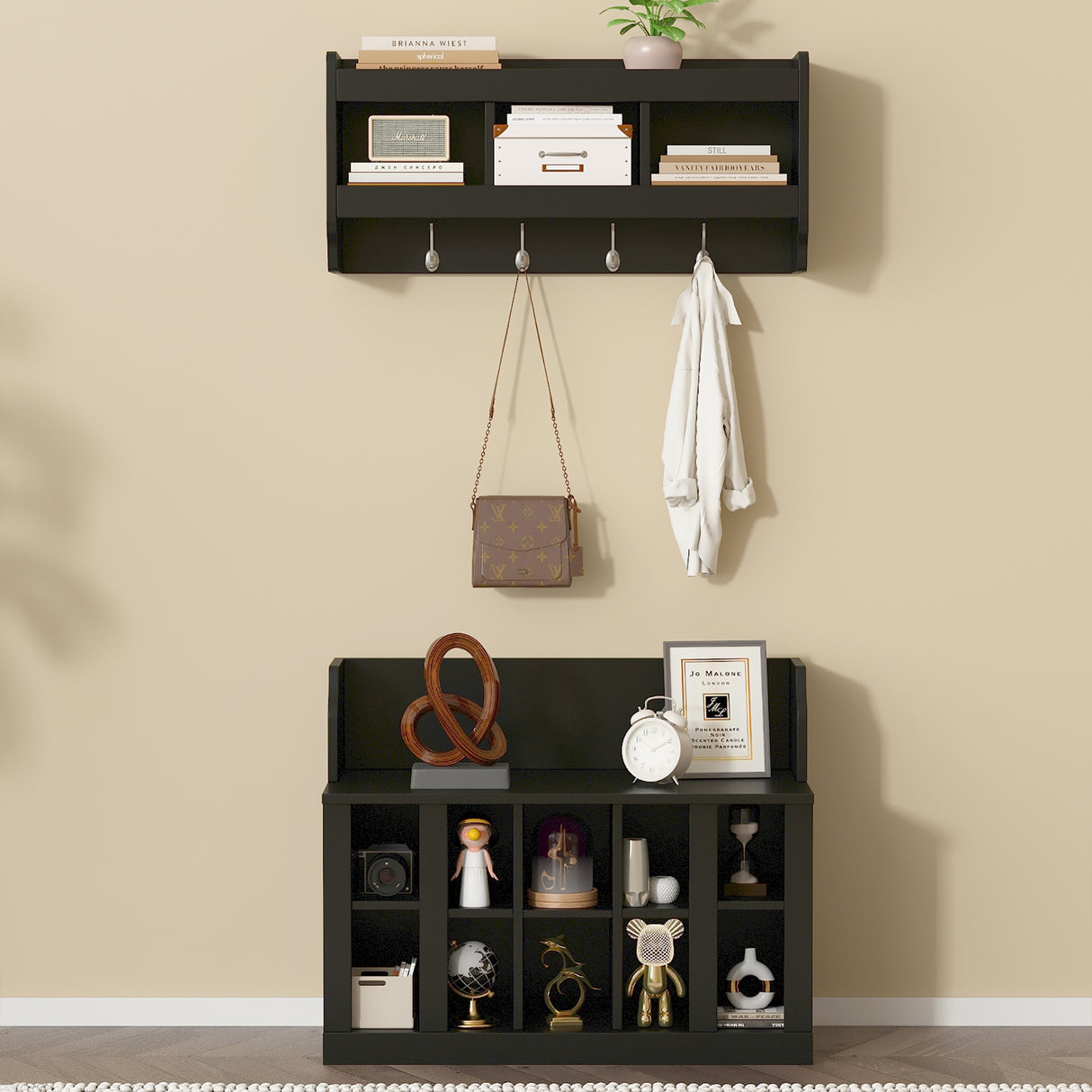 ON-TREND Shoe Storage Bench with Shelves and Hooks