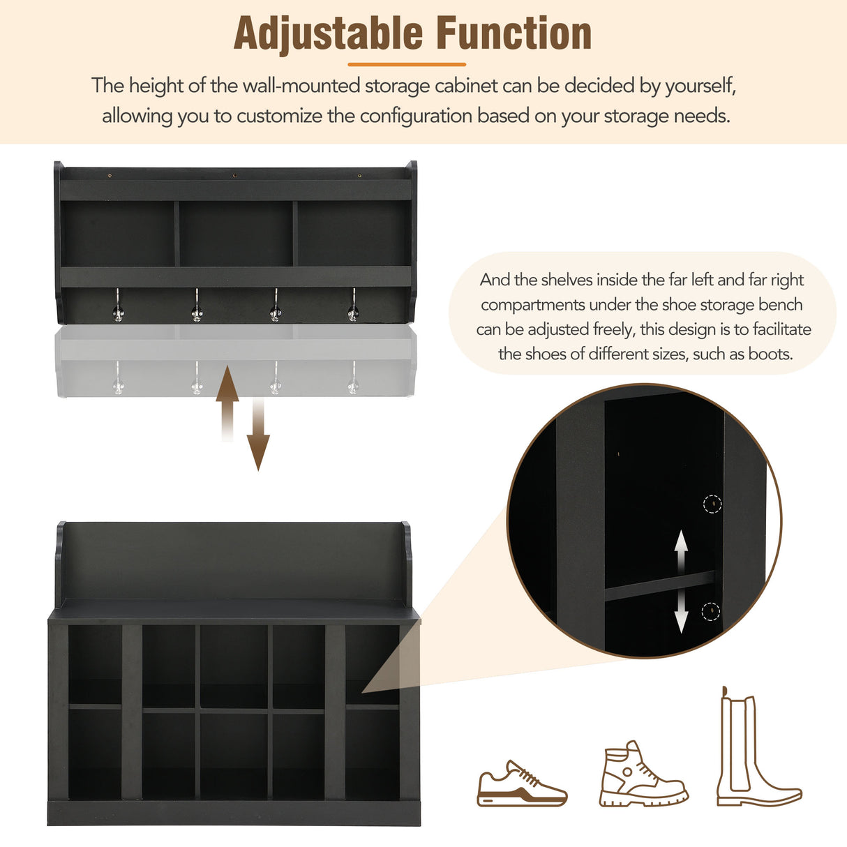 ON-TREND Shoe Storage Bench with Shelves and Hooks