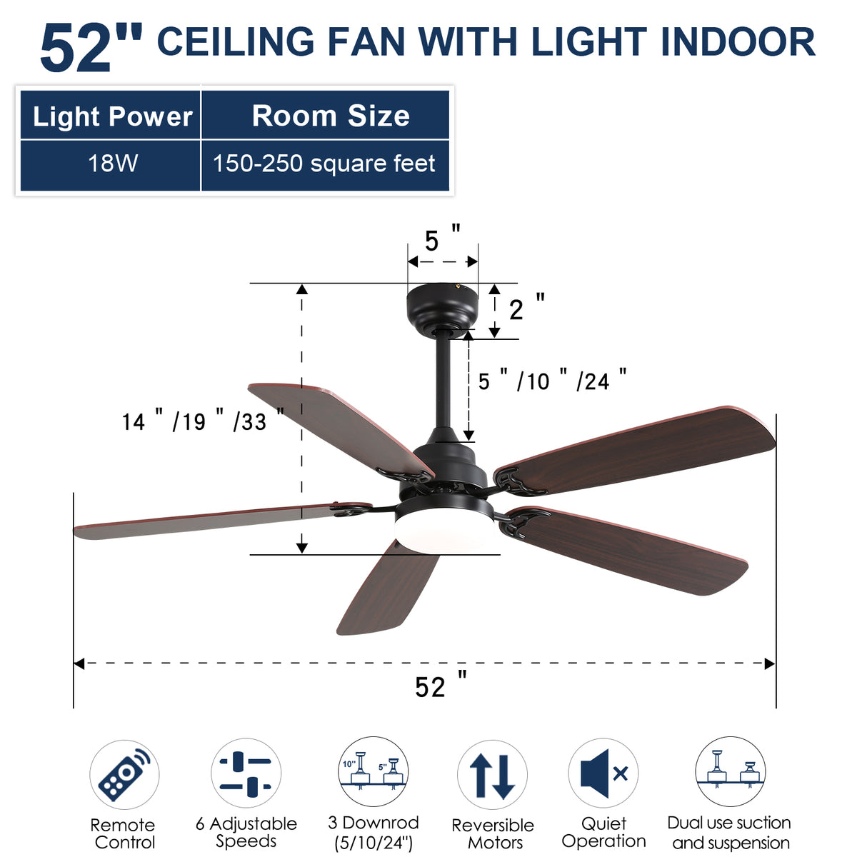 52 Inch Classics Ceiling Fan with LED Light & Remote Control