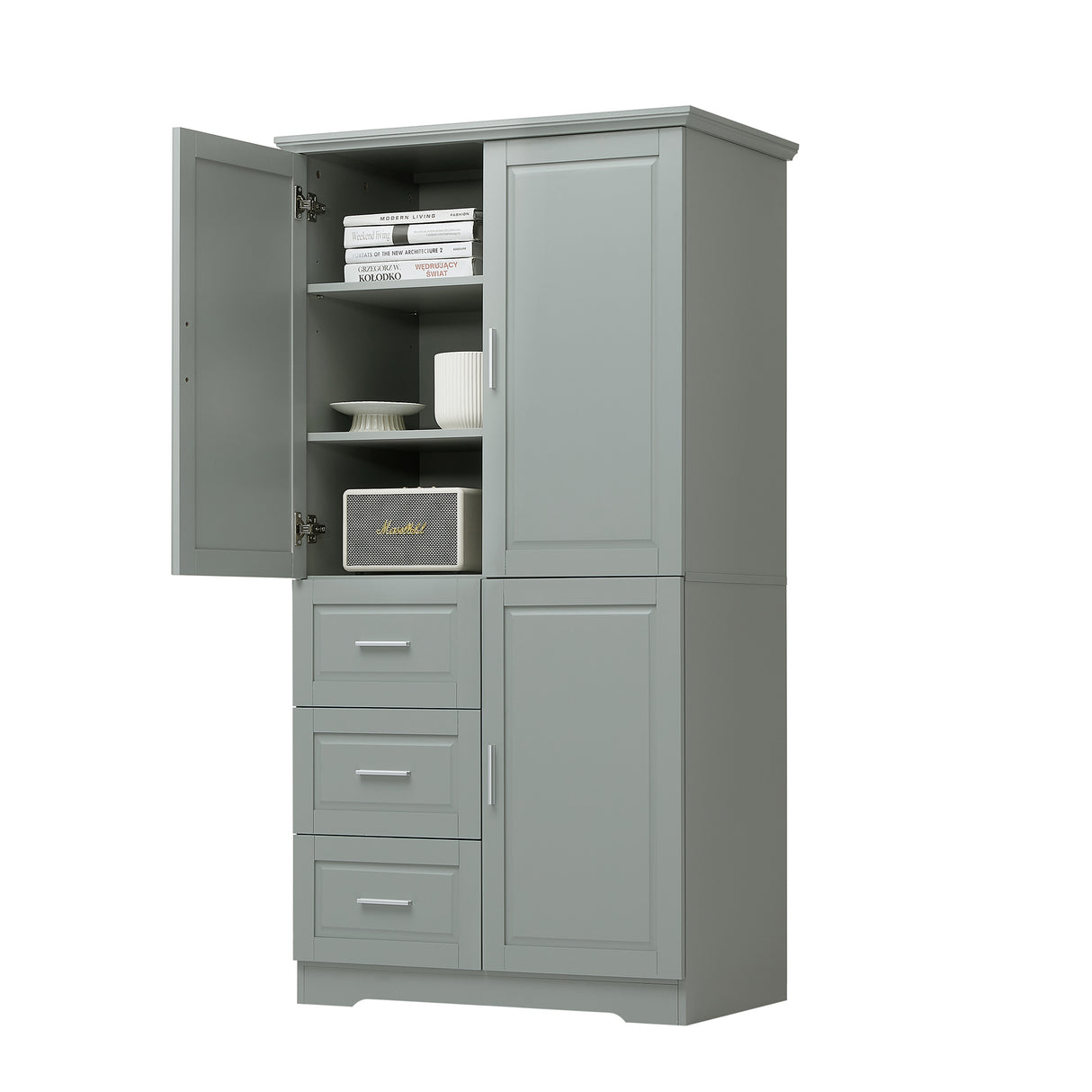 Tall and Wide Storage Cabinet with Doors for Bathroom or Office, Grey