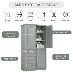 Tall and Wide Storage Cabinet with Doors for Bathroom or Office, Grey