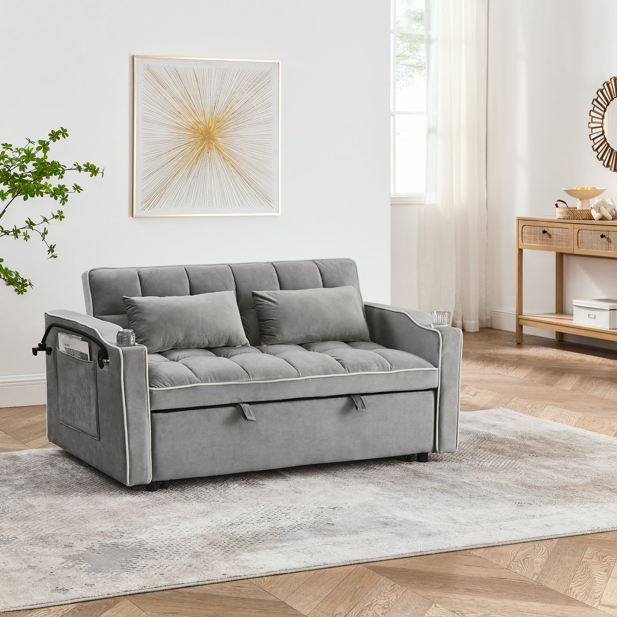 51-Inch Foldable Velvet Sofa Bed with Adjustable Back and USB Port, Gray