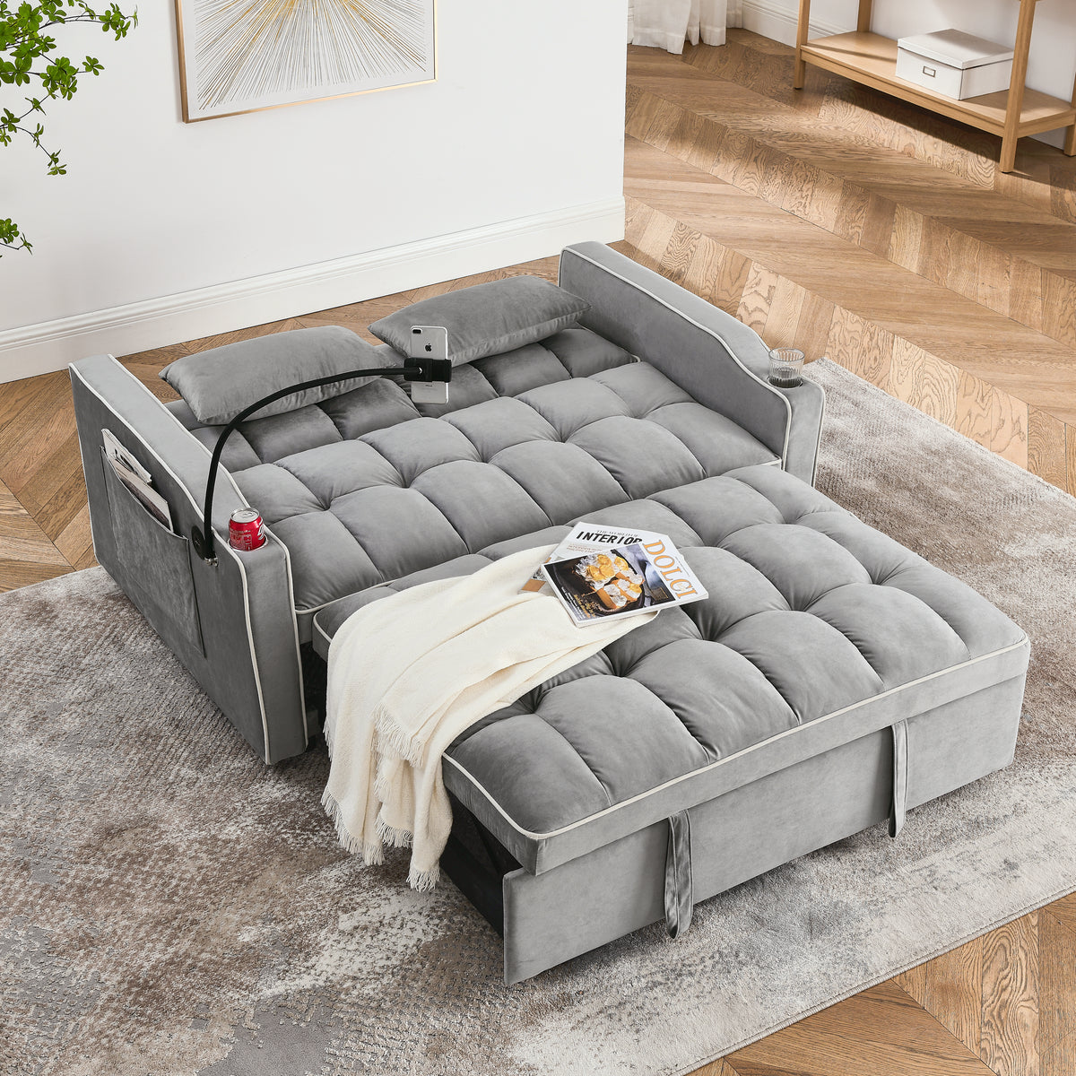 51-Inch Foldable Velvet Sofa Bed with Adjustable Back and USB Port, Gray