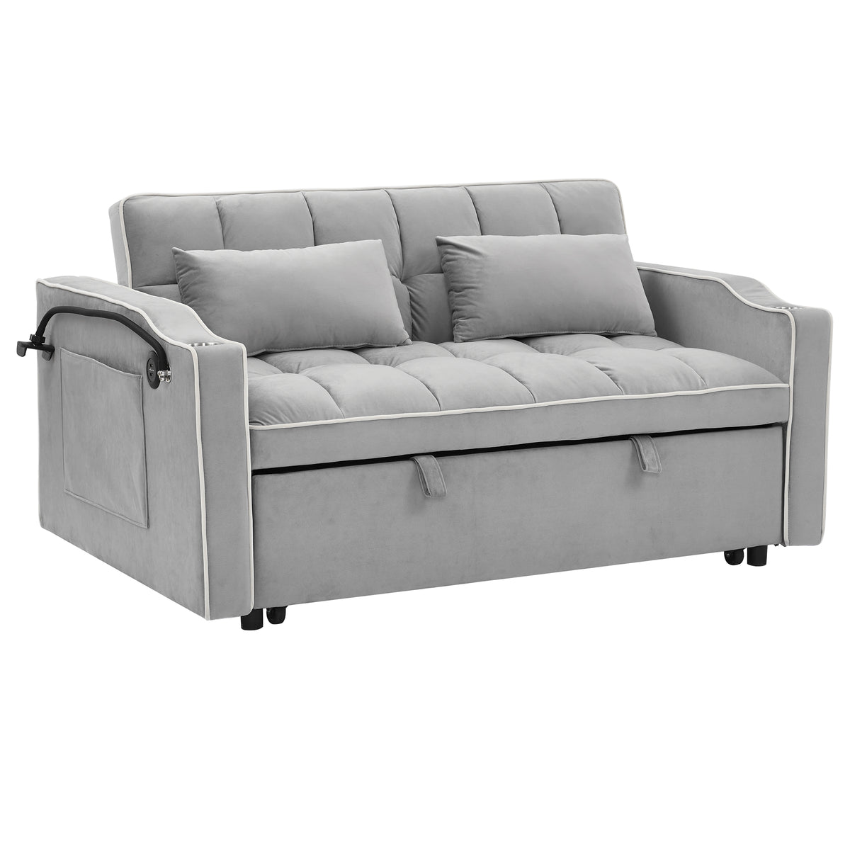 51-Inch Foldable Velvet Sofa Bed with Adjustable Back and USB Port, Gray