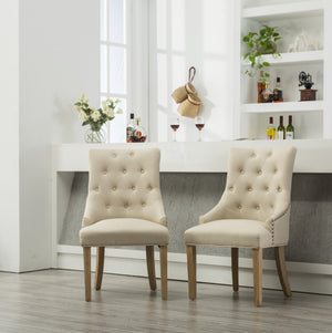 Tan Button Tufted Solid Wood Wingback Hostess Chairs Set of 2