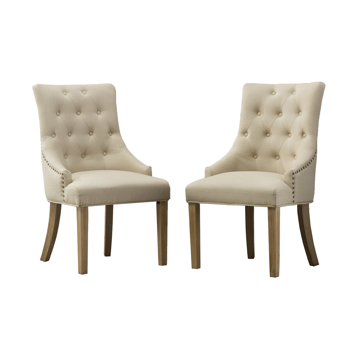 Tan Button Tufted Solid Wood Wingback Hostess Chairs Set of 2
