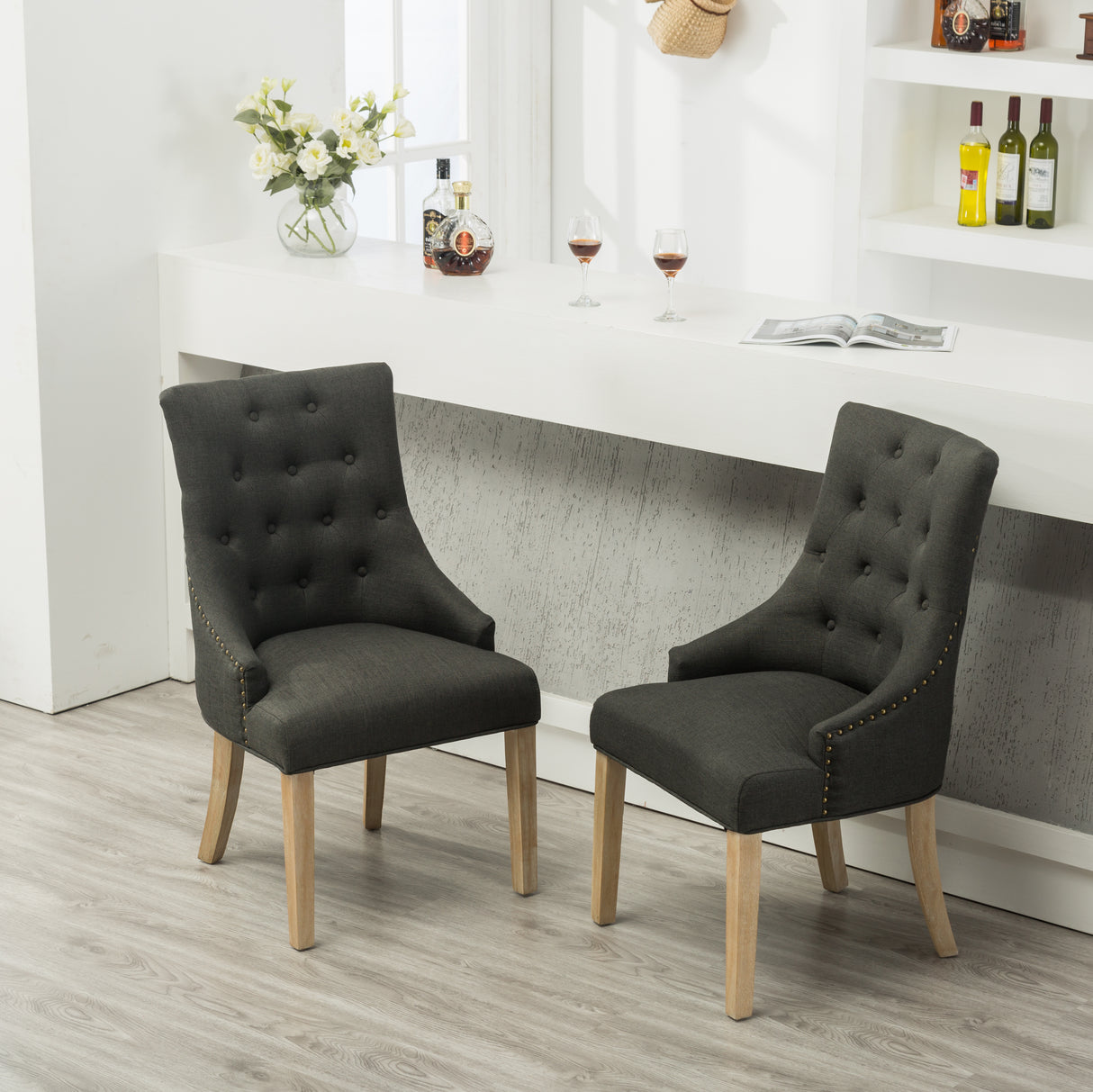 Charcoal Button Tufted Wingback Hostess Chairs Set of 2