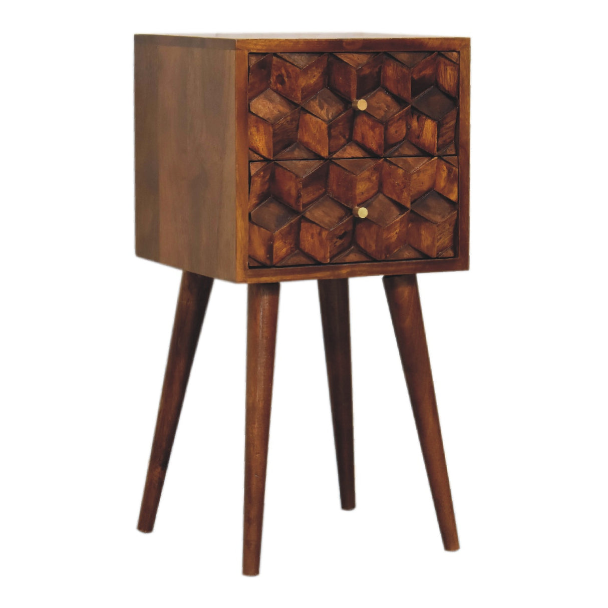 Solid Wood Mini Cube Nightstand, 2-Drawers, Chestnut