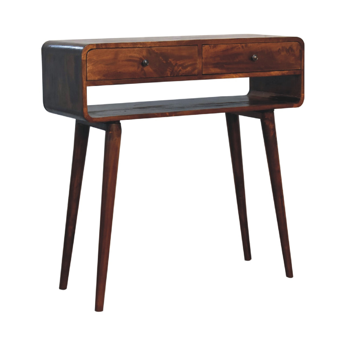 Sonata Chestnut Console Table, Nordic Legs, 2-Drawers, Open Slot