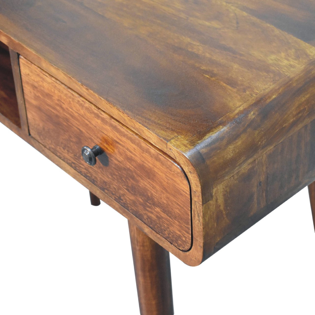 Solid Wood Curved Writing Desk, 1-Drawer, 1 Open Slot, Chestnut