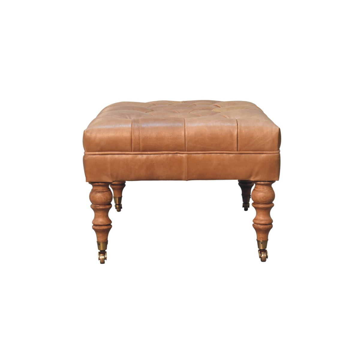 Solid Wood Buffalo Leather Ottoman with Castor Legs