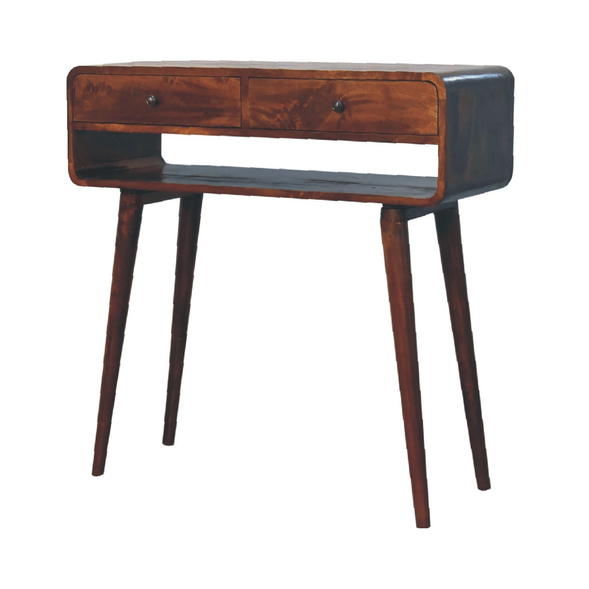 Sonata Chestnut Console Table, Nordic Legs, 2-Drawers, Open Slot