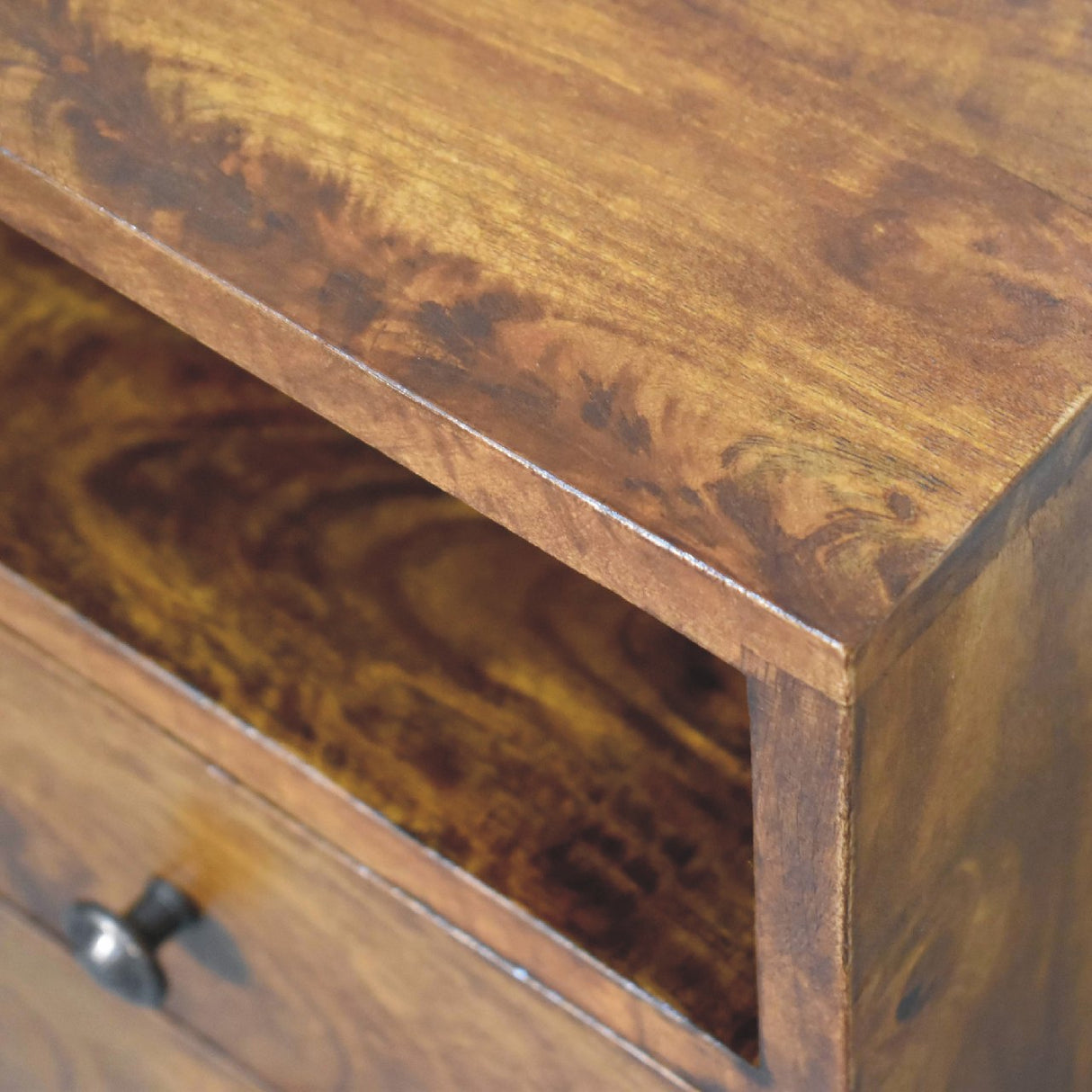Solid Wood Mini Classic Chestnut Bedside, 2-Drawers, 1 Open Slot, Nordic Legs
