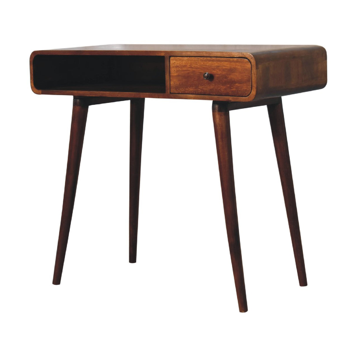 Solid Wood Curved Writing Desk, 1-Drawer, 1 Open Slot, Chestnut
