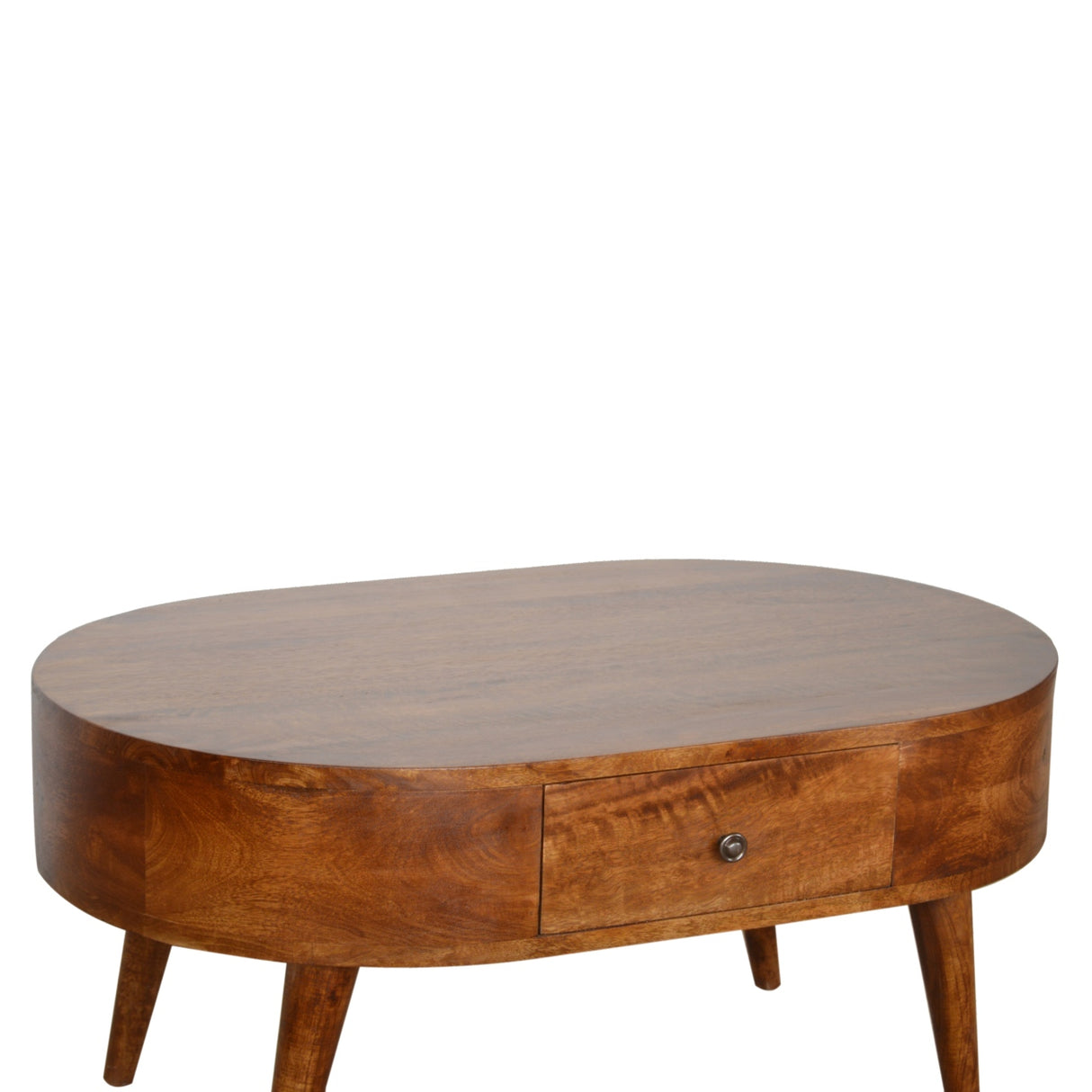 Chestnut Rounded Coffee Table, Nordic Legs, 2-Drawers
