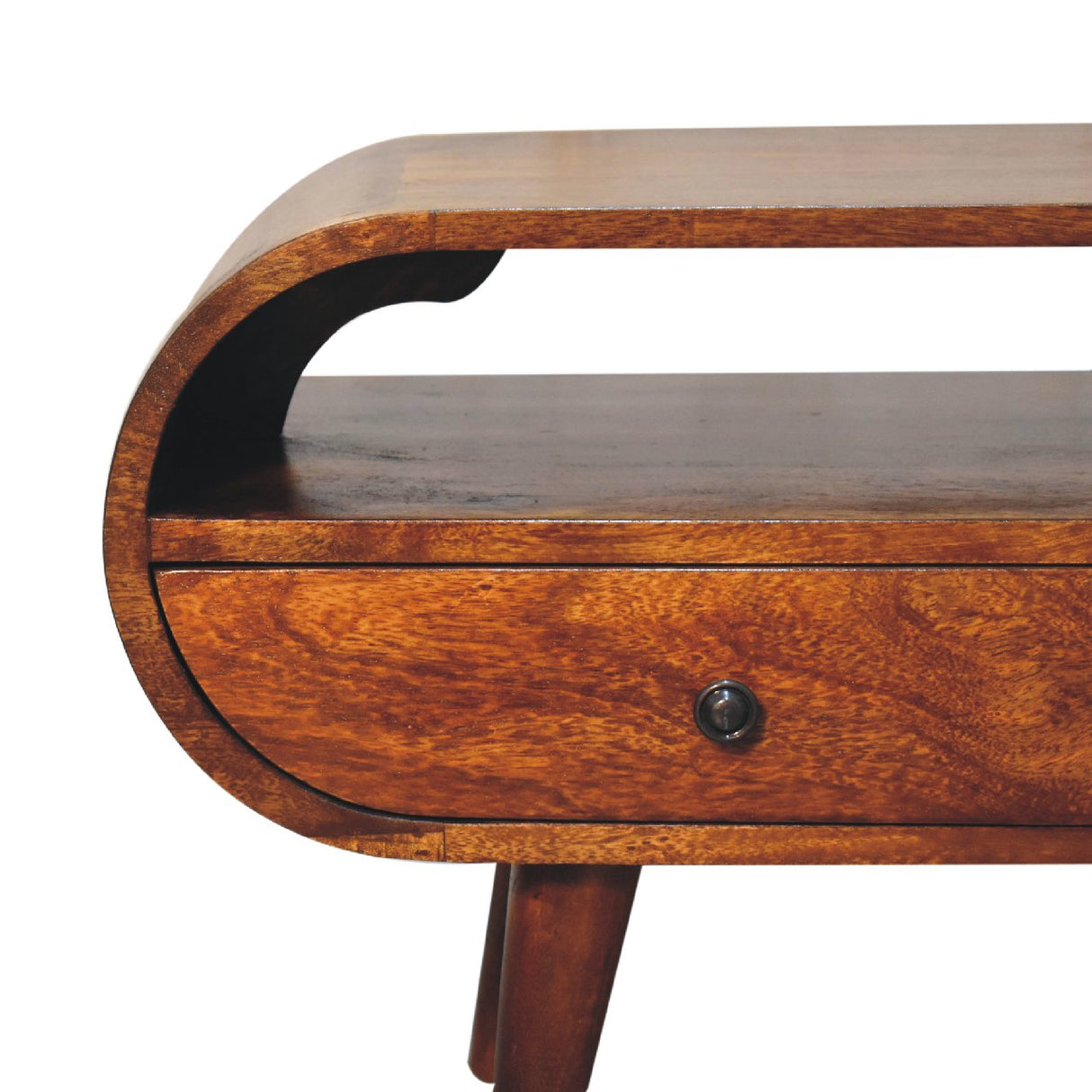 Chestnut Circular TV Stand, 2-Drawers, Open Slot, Nordic Legs