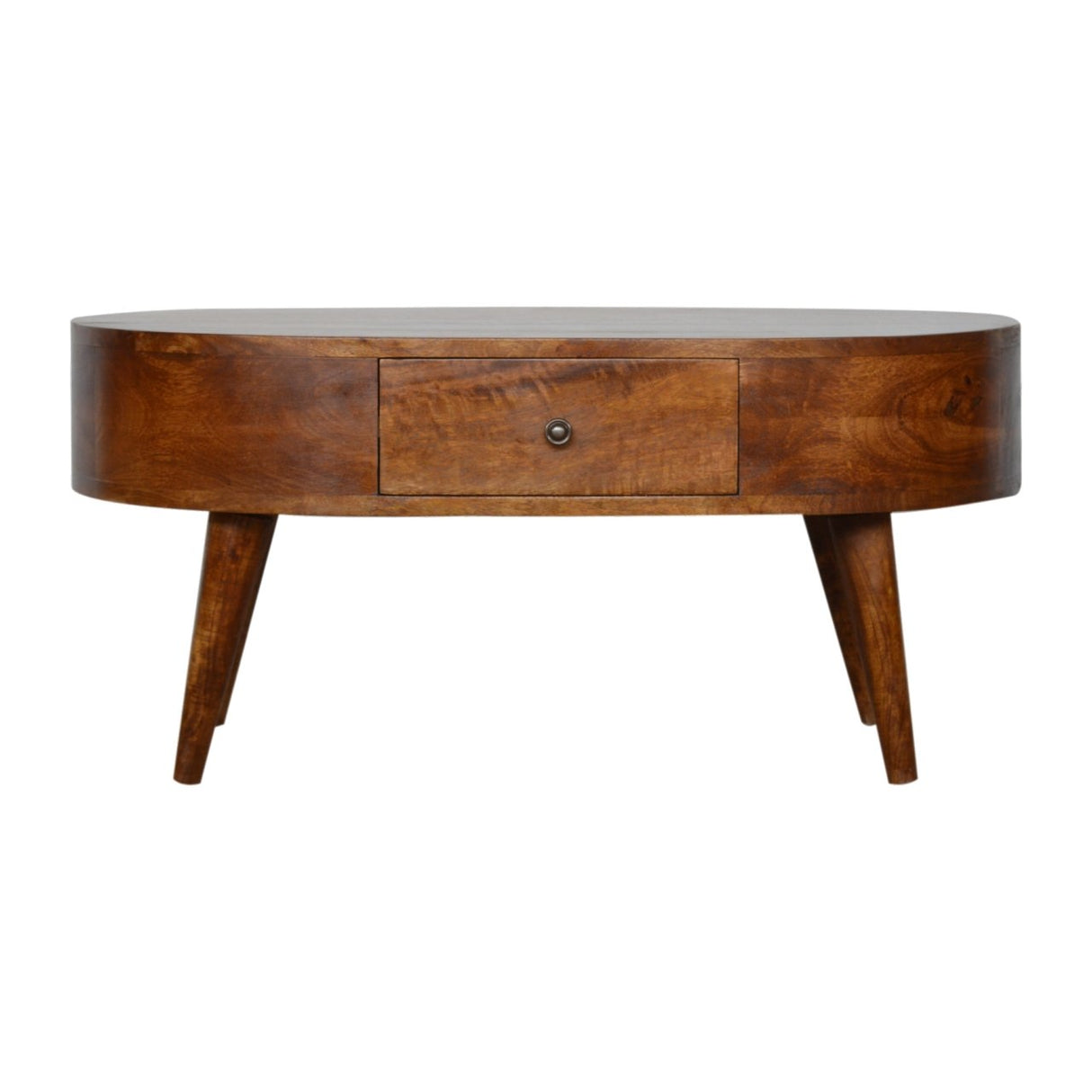 Chestnut Rounded Coffee Table, Nordic Legs, 2-Drawers