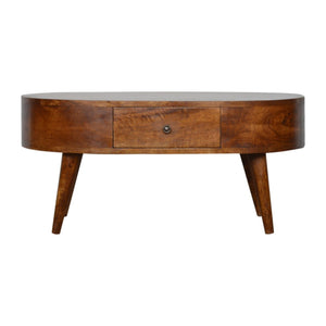 Chestnut Rounded Coffee Table, Nordic Legs, 2-Drawers