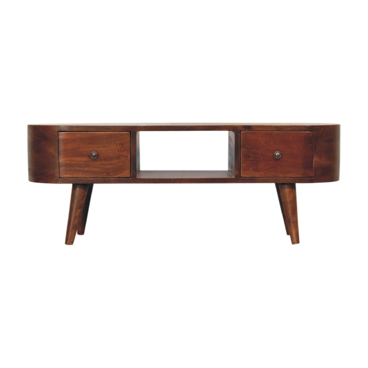 Chestnut Round Open Media Unit, 2-Drawers, 1 Open Slot