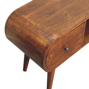 Solid Wood Chestnut Circular TV Unit, Nordic Legs, 2-Drawers, Open Slot