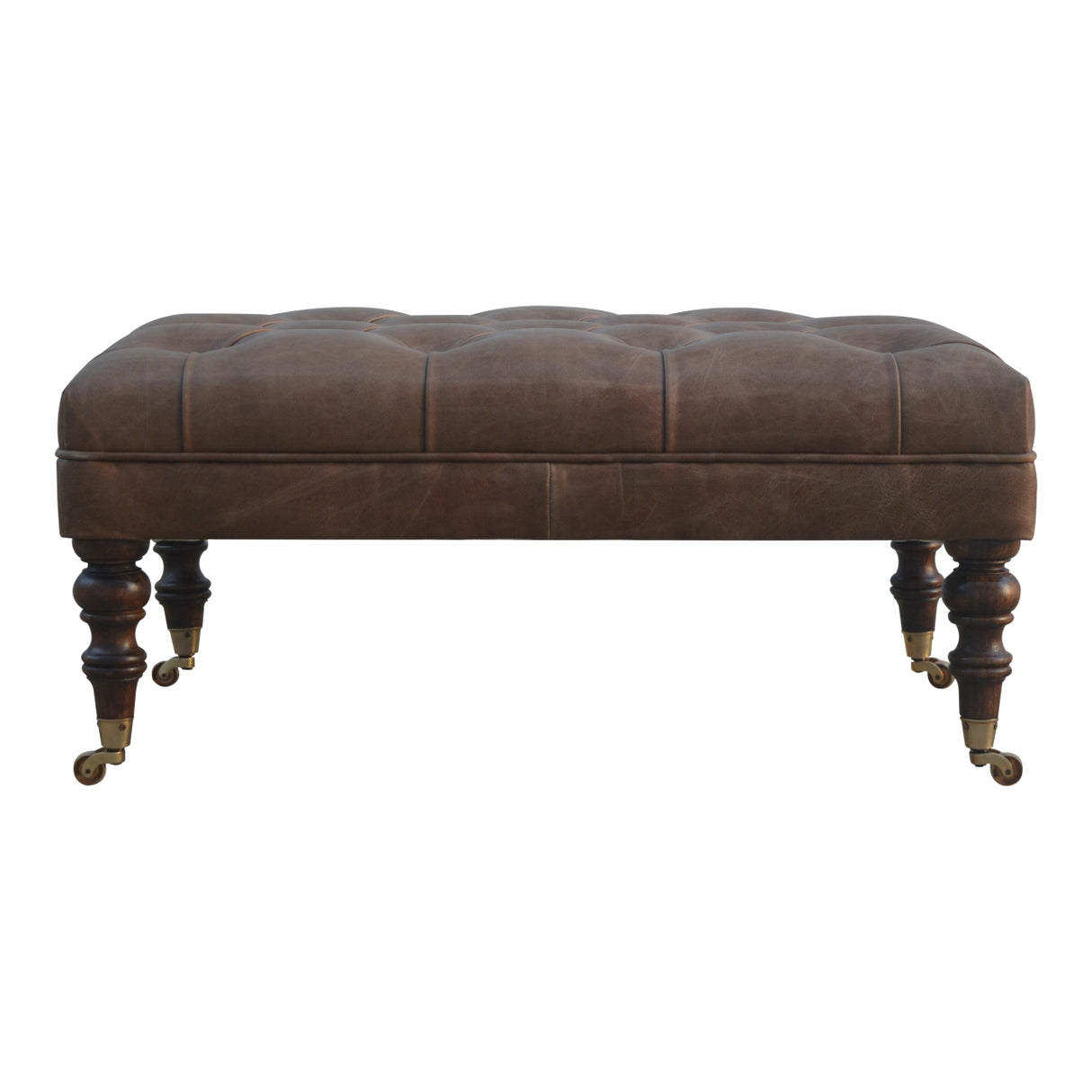 Solid Wood Buffalo Leather Upholstered Ottoman