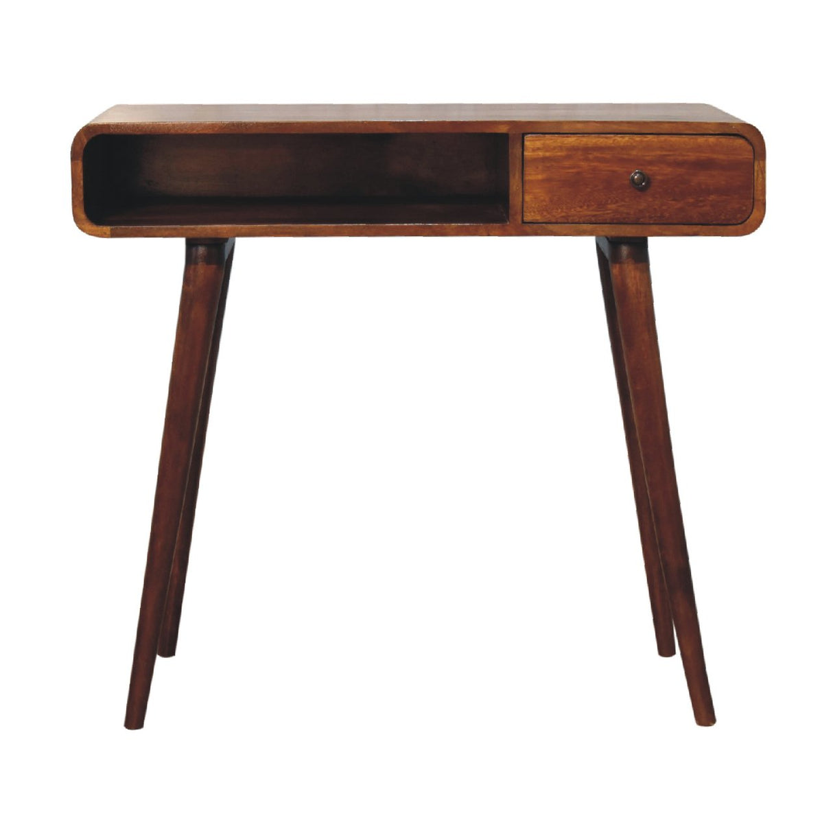 Solid Wood Curved Writing Desk, 1-Drawer, 1 Open Slot, Chestnut