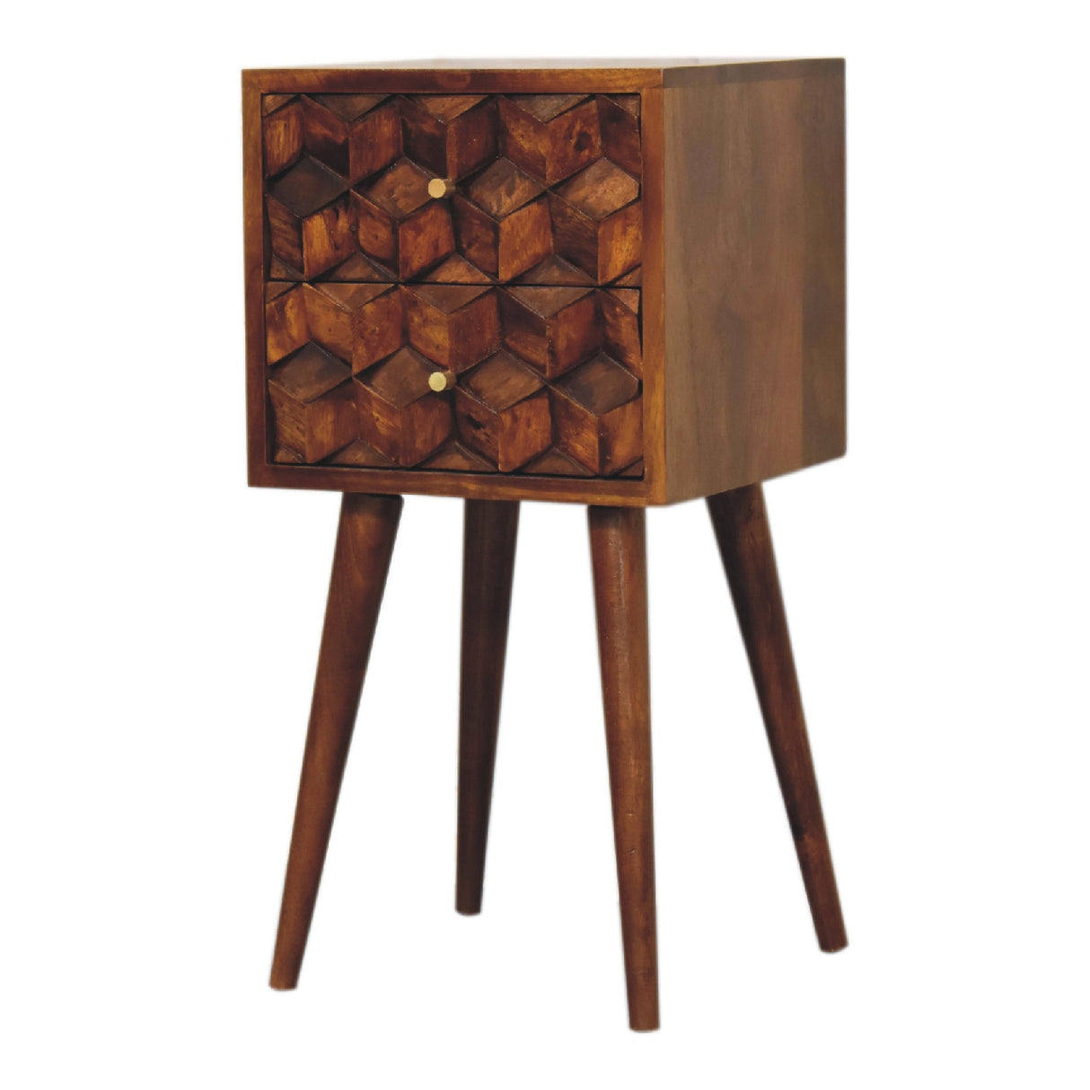 Solid Wood Mini Cube Nightstand, 2-Drawers, Chestnut