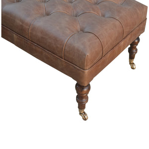 Solid Wood Buffalo Leather Upholstered Ottoman