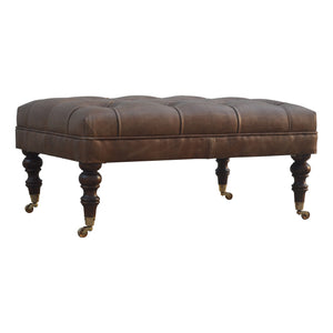 Solid Wood Buffalo Leather Upholstered Ottoman