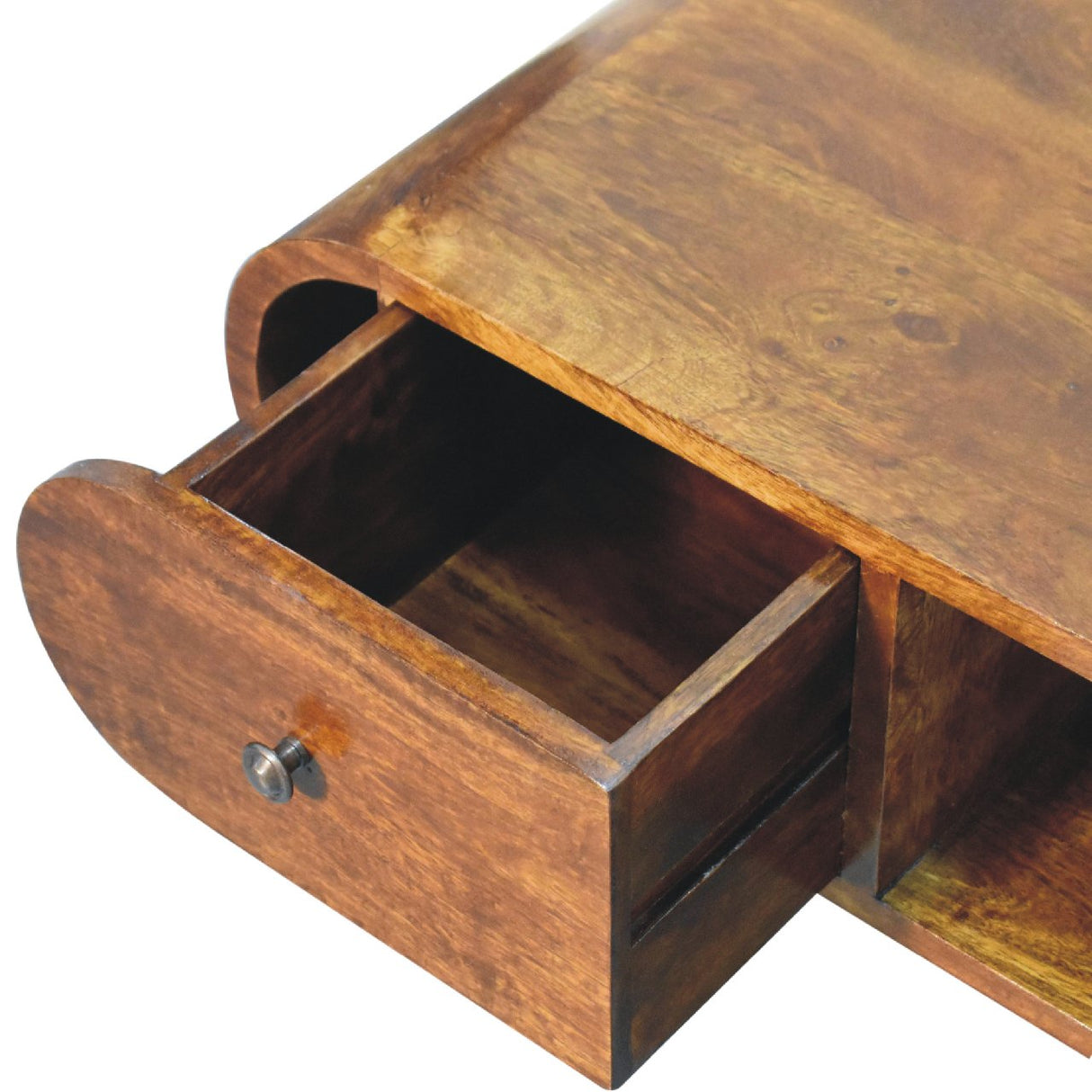 Solid Wood Chestnut Circular TV Unit, Nordic Legs, 2-Drawers, Open Slot
