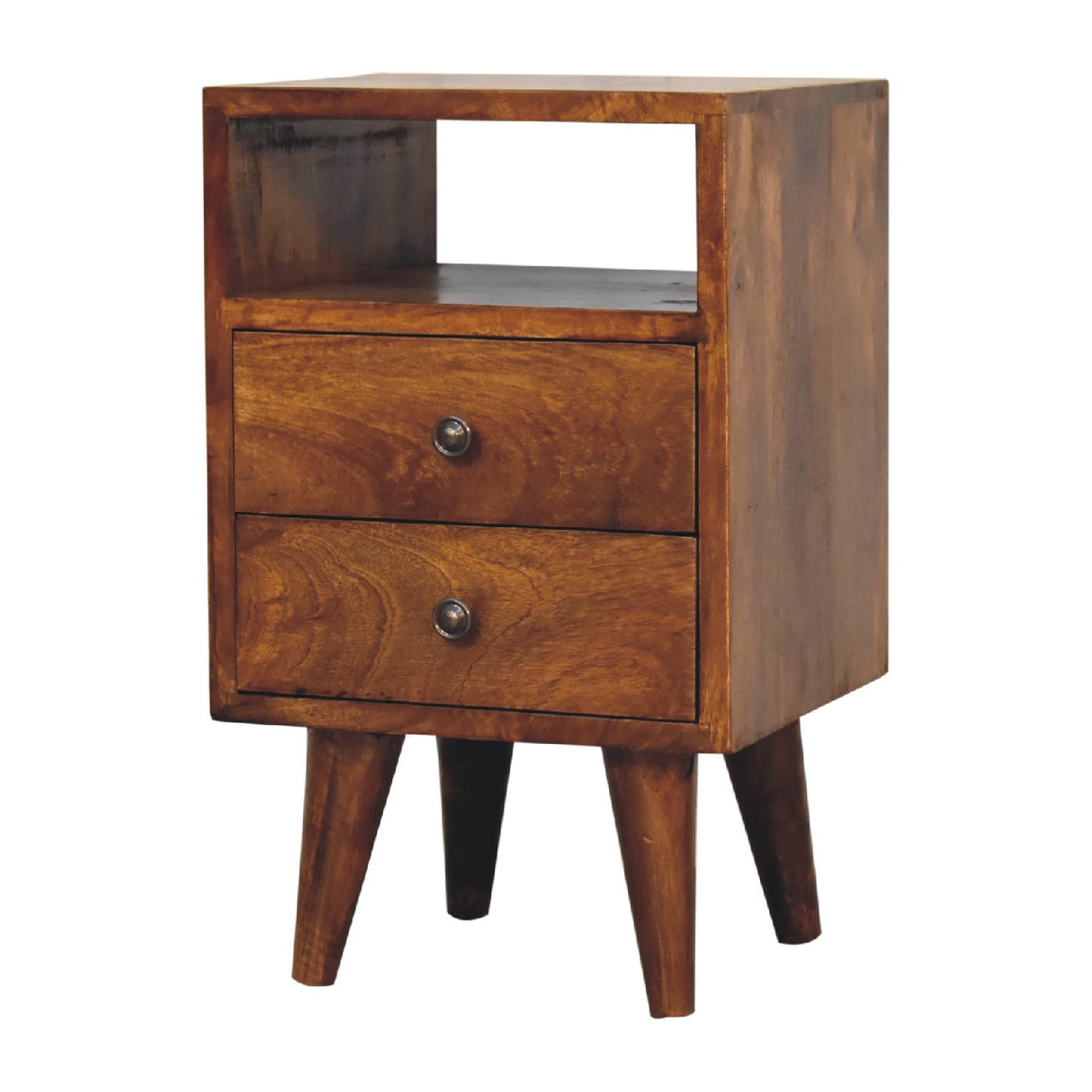 Solid Wood Mini Classic Chestnut Bedside, 2-Drawers, 1 Open Slot, Nordic Legs