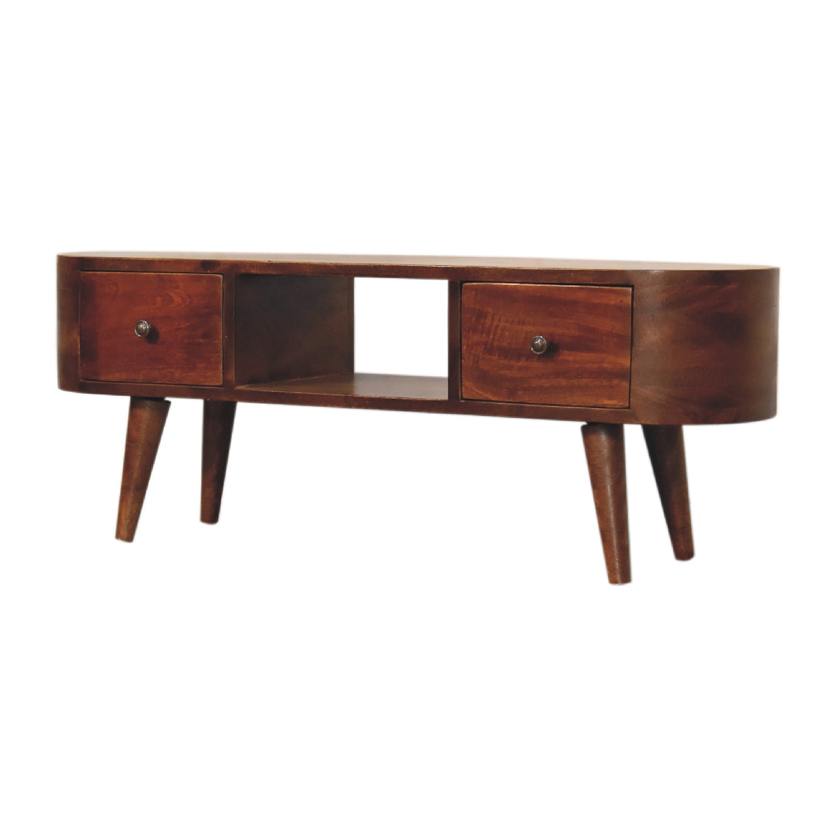 Chestnut Round Open Media Unit, 2-Drawers, 1 Open Slot