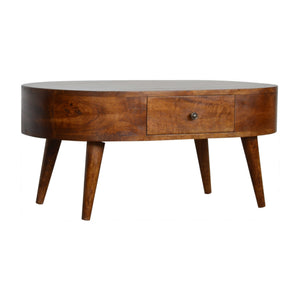 Chestnut Rounded Coffee Table, Nordic Legs, 2-Drawers