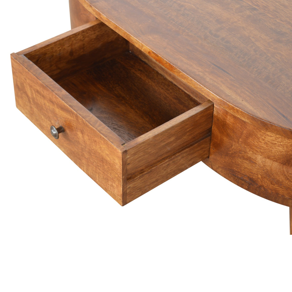 Chestnut Rounded Coffee Table, Nordic Legs, 2-Drawers