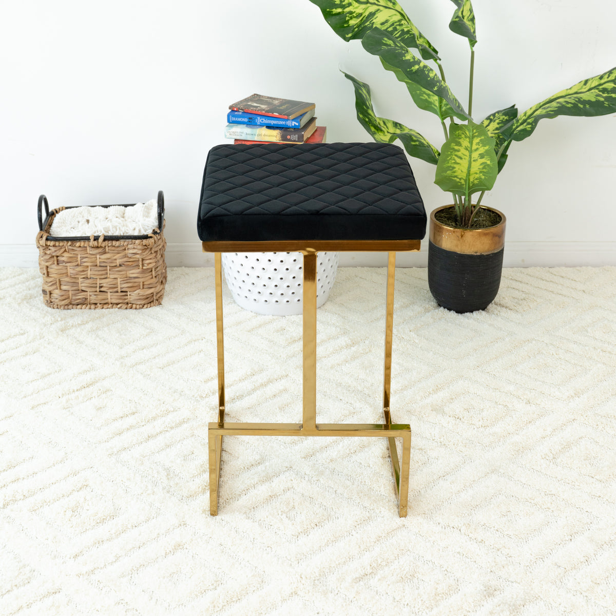 Mid Century Modern Luxury Upholstered Stool with Velvet – Charcoal