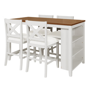 TOPMAX 5 Pieces Counter Height Rustic Farmhouse Dining Room Wooden Bar Table Set with 4 Chairs, White