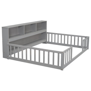 Full Floor Bed with Side Bookcase, Shelves, Guardrails