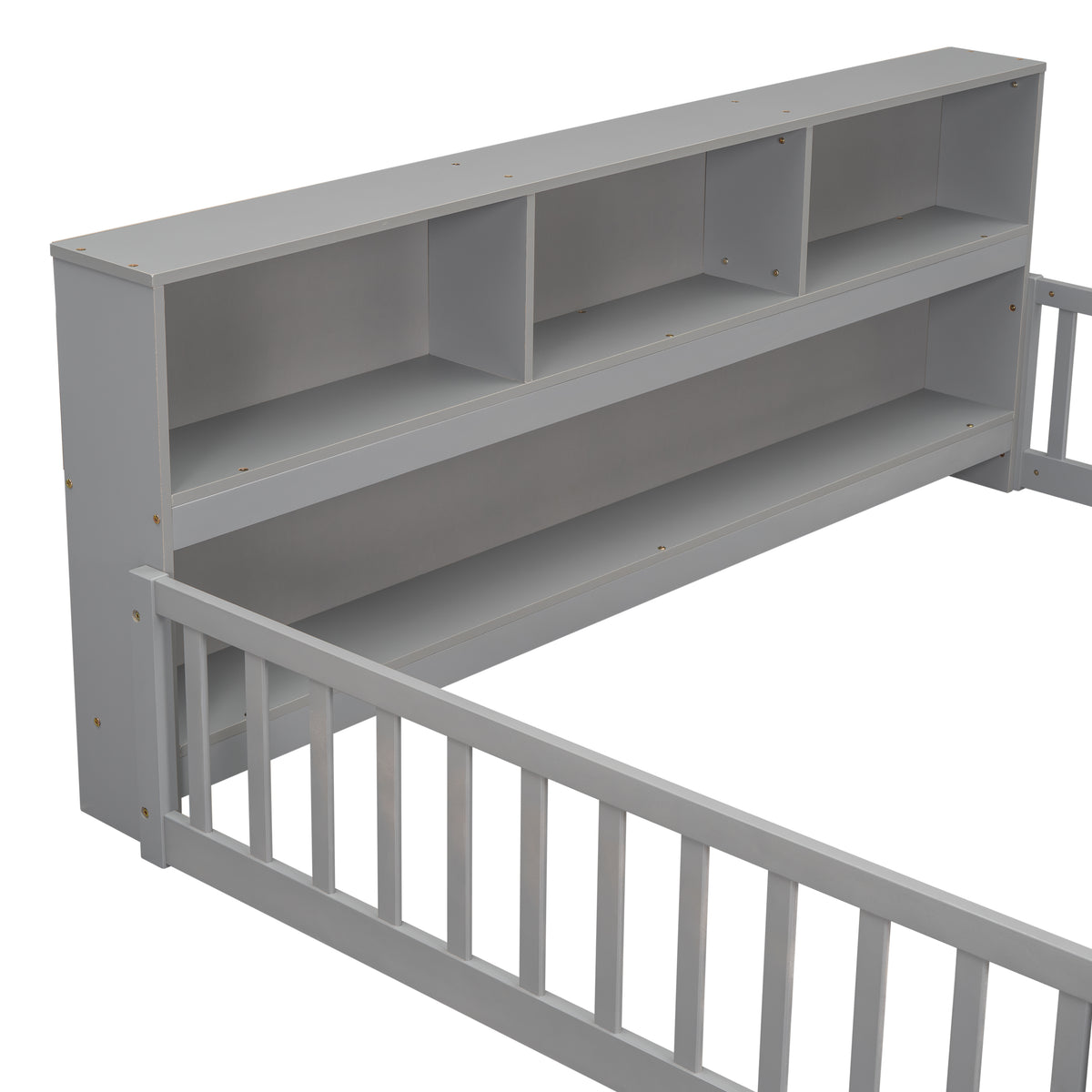 Full Floor Bed with Side Bookcase, Shelves, Guardrails