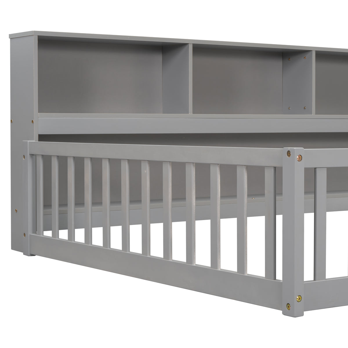 Full Floor Bed with Side Bookcase, Shelves, Guardrails