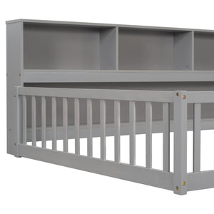 Full Floor Bed with Side Bookcase, Shelves, Guardrails