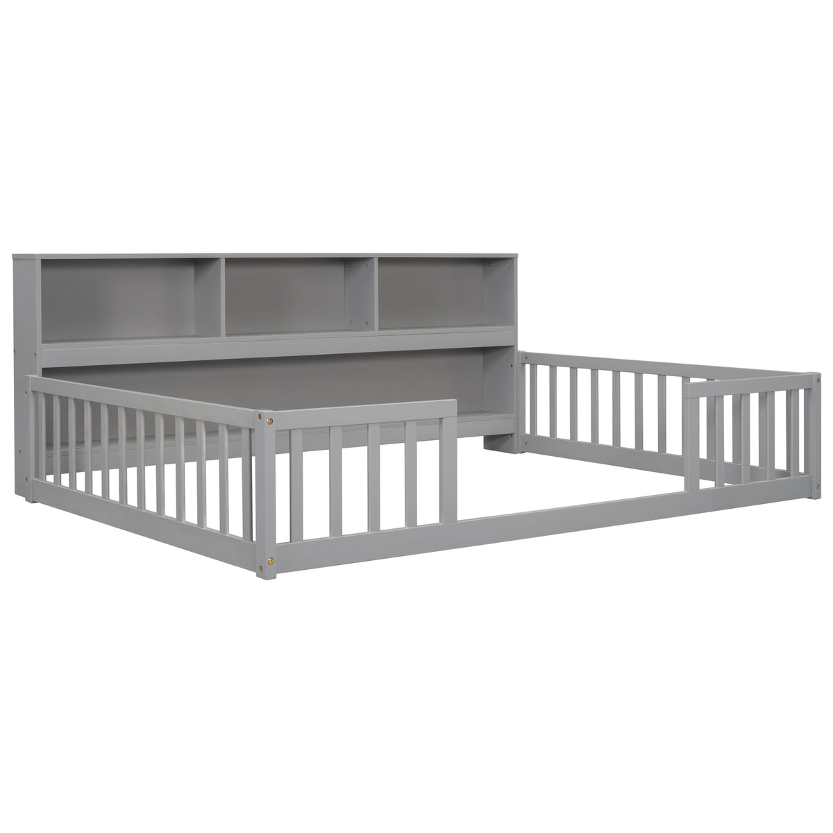 Full Floor Bed with Side Bookcase, Shelves, Guardrails